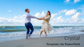  Presentation with beach wedding - Slide deck having full-body-cheerful-bride background and a light blue colored foreground