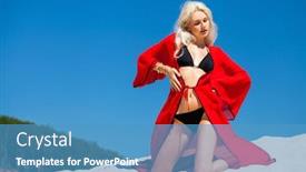  Presentation with beautiful young girl red - Slide deck featuring full-body-portrait background and a teal colored foreground