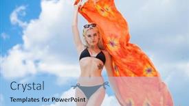  Presentation with beautiful young girl red - PPT theme consisting of full-body-portrait background and a light blue colored foreground