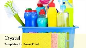  Presentation with sponges - Colorful slide deck enhanced with full box of cleaning supplies and sponges isolated on white backdrop and a yellow colored foreground