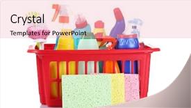  Presentation with sponges - PPT layouts enhanced with full box of cleaning supplies and sponges isolated on white background and a lemonade colored foreground