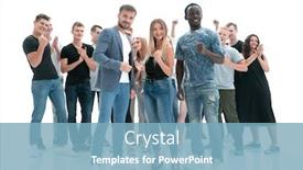  Presentation with diverse people - Presentation theme featuring full-growth-a-group background and a light blue colored foreground