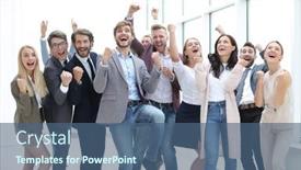  Presentation with young business people - Cool new slides with full-growth-a-group backdrop and a ocean colored foreground