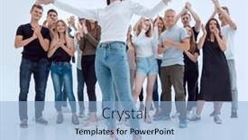  Presentation with youth group - PPT layouts consisting of full-growth-affable-young-woman background and a light blue colored foreground