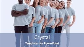  Presentation with diverse people - Presentation design consisting of full-growth-an-international-group background and a teal colored foreground