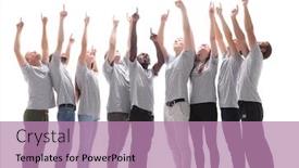  Presentation with casual young people - Beautiful presentation theme featuring full-growth-casual-young-people backdrop and a coral colored foreground