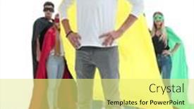  Presentation with superhero - PPT theme enhanced with full-growth-confident-guy-superhero background and a yellow colored foreground