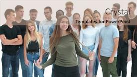  Presentation with team leader - Audience pleasing presentation design consisting of full-growth-group-leader-standing backdrop and a coral colored foreground