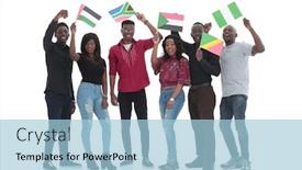  Presentation with diverse people - Audience pleasing presentation theme consisting of full-growth-group-of-diverse backdrop and a light blue colored foreground