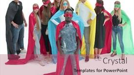  Presentation with team leader - Slide set having full-growth-guy-leader-standing background and a violet colored foreground