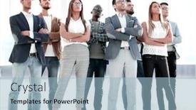  Presentation with business growth - Presentation theme featuring full growth happy group of business people background and a light blue colored foreground