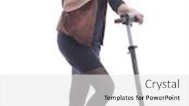 Presentation with electric scooter - PPT layouts consisting of full-growth-happy-woman background and a white colored foreground