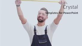  Presentation with growth - Slide deck having full-growth-smiling-man-showing background and a sky blue colored foreground