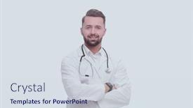  Presentation with quality of medical service - Presentation theme with full-growth-smiling-medical-specialist background and a sky blue colored foreground