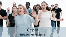  Presentation with goal - Cool new slides with full-growth-smiling-young-people backdrop and a light blue colored foreground