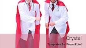  Presentation with forward - Beautiful PPT layouts featuring full-growth-two-super-doctor backdrop and a coral colored foreground