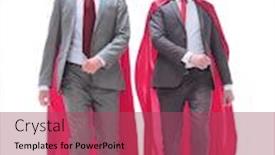  Presentation with walking together - Slide deck with full-growth-two-superhero-businessman background and a violet colored foreground