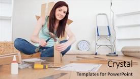  Presentation with female - Slide set with full house - beautiful red-haired female nailing background and a coral colored foreground