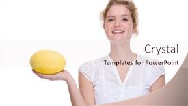  Presentation with melon - Slides with full isolated portrait of a beautiful caucasian woman with a melon background and a sky blue colored foreground