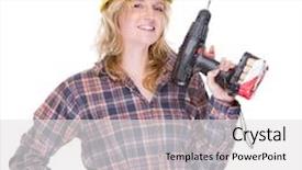  Presentation with drill - Presentation theme consisting of full isolated portrait of a beautiful caucasian craftswoman with a drill machine background and a white colored foreground