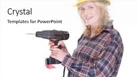  Presentation with drill - PPT theme consisting of full isolated portrait of a beautiful caucasian craftswoman with a drill machine background and a white colored foreground