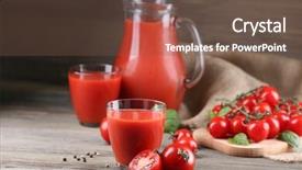  Presentation with tomato juice - Slides with full jug and glasses of tomato juice with vegetables on wooden table close up background and a tawny brown colored foreground