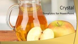  Presentation with apple - Presentation theme consisting of full jug of apple juice and apple on wooden table on bright background background and a coral colored foreground