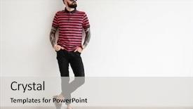  Presentation with poster on white wall above - Audience pleasing PPT layouts consisting of full length - portrait of handsome hipster backdrop and a light gray colored foreground