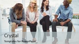  Presentation with business diversity wheel chair - Slide deck with full length - smiling business people sitting background and a light gray colored foreground