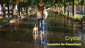  Presentation with dog park - Beautiful theme featuring full length back view image of brunette woman in autumn clothes walks with dog in park backdrop and a tawny brown colored foreground