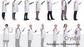  Presentation with notepad - PPT layouts enhanced with full-length-group-of-doctors background and a light gray colored foreground