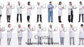  Presentation with notepad - Slides having full-length-group-of-doctors background and a light gray colored foreground