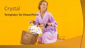  Presentation with happy image - Audience pleasing slide deck consisting of full length image of happy woman in dress riding on bicycle with flowers isolated over yellow background backdrop and a gold colored foreground