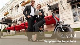 Presentation with motorbike - Cool new theme with full length image of happy business couple posing near the modern motorbike outdoors and using tablet computer backdrop and a coral colored foreground