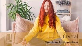  Presentation with teenager alone - PPT theme featuring full-length-mindful-young-woman background and a gold colored foreground