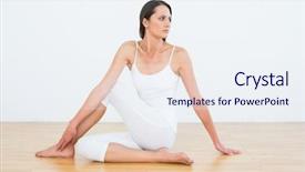  Presentation with spinal - Theme having full length of a fit young woman doing the half spinal twist pose in fitness studio background and a sky blue colored foreground