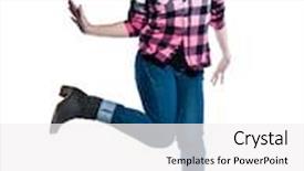  Presentation with funky - Cool new slides with full length of a funky nervous casual young woman jumping in studio on white isolated background backdrop and a white colored foreground
