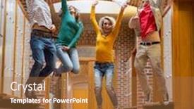  Presentation with college students - PPT theme with full length of a group of students jumping in college corridor background and a coral colored foreground