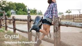  Presentation with cowgirl - PPT theme consisting of full length of a happy cowgirl in hat posing at fence at ranch background and a coral colored foreground