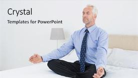  Presentation with posture - Colorful presentation enhanced with full length of a relaxed mature businessman sitting in lotus posture on bed at home backdrop and a white colored foreground