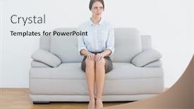  Presentation with well - Presentation theme consisting of full length of a serious well dressed young woman sitting on sofa at home background and a white colored foreground