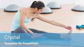  Presentation with sporty - Presentation featuring full length of a sporty young woman stretching hand to leg in fitness studio background and a teal colored foreground