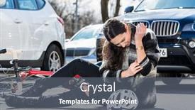 Presentation with busy street - Presentation theme with full length of a young injured woman sitting on the ground with severe pain at her elbow after bicycle accident next to parked cars on a busy street background and a gray colored foreground
