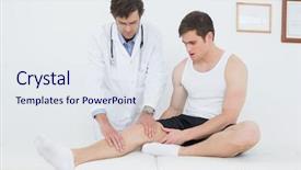  Presentation with knee - Cool new presentation design with full length of a young man getting his knee examined at the medical office backdrop and a sky blue colored foreground