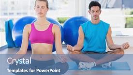  Presentation with posture - Colorful presentation design enhanced with full length of a young couple sitting in lotus posture and eyes closed at fitness studio backdrop and a teal colored foreground