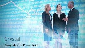  Presentation with shares - Theme with full length of business people discussing against white background against stocks and shares background and a light blue colored foreground