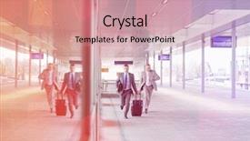  Presentation with railroad - PPT layouts enhanced with full length of businessmen with luggage rushing on railroad platform background and a coral colored foreground