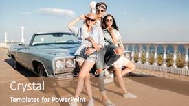  Presentation with vintage women - Theme having full length of cheerful young man and two happy women standing near vintage cabriolet in summer background and a coral colored foreground