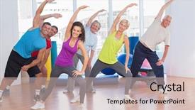  Presentation with exercise - Beautiful PPT theme featuring full length of fit people doing stretching exercise in gym backdrop and a soft green colored foreground