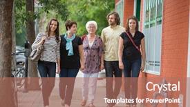  Presentation with get together - Amazing PPT theme having full length of friends walking backdrop and a  colored foreground